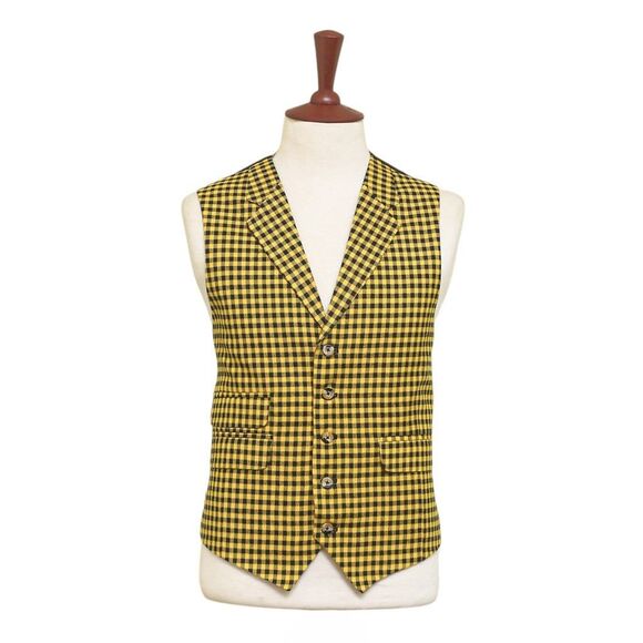 Mens Vest 44R Yellow Black Check Wool Waistcoat XL Formal Wedding Groom Party - Picture 1 of 8